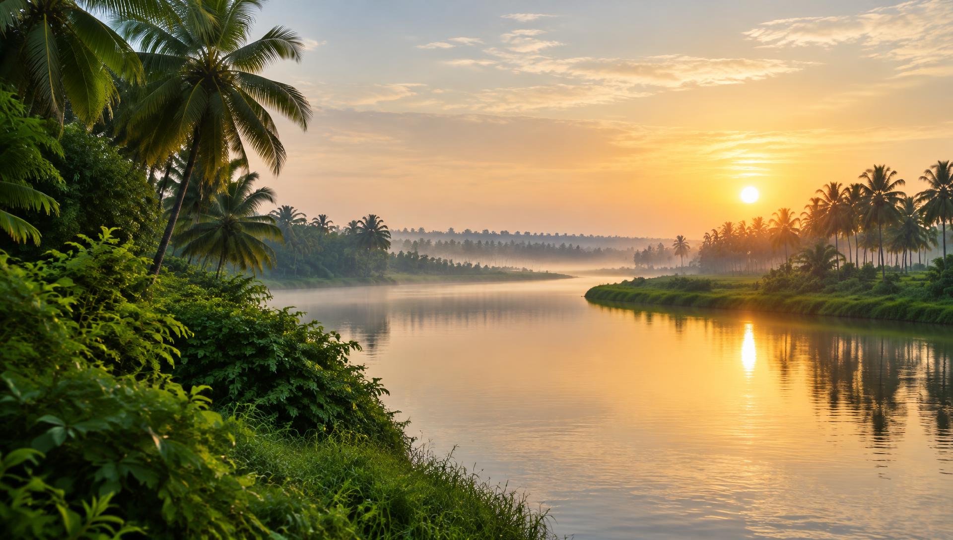 An illustrative Kerala river landscape at sunrise